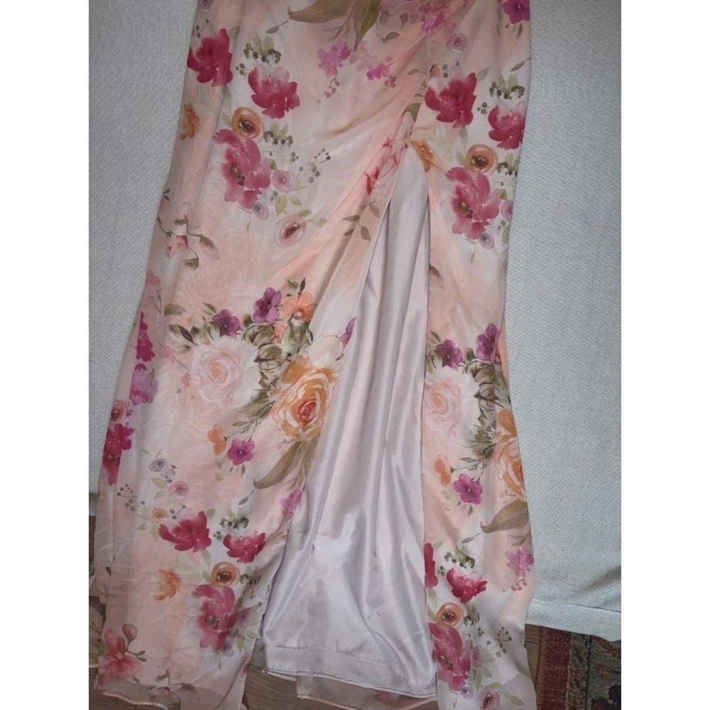 Azazie Floral Pink Chiffon V-Neck Bridesmaid Formal Gown Floor Length Size 10 - Picture 4 of 4